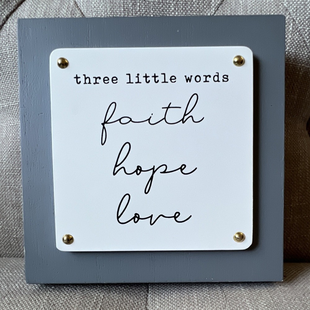 Framed Inspirational Plaque Faith Hope Love Square Wood Gray White Black Decor